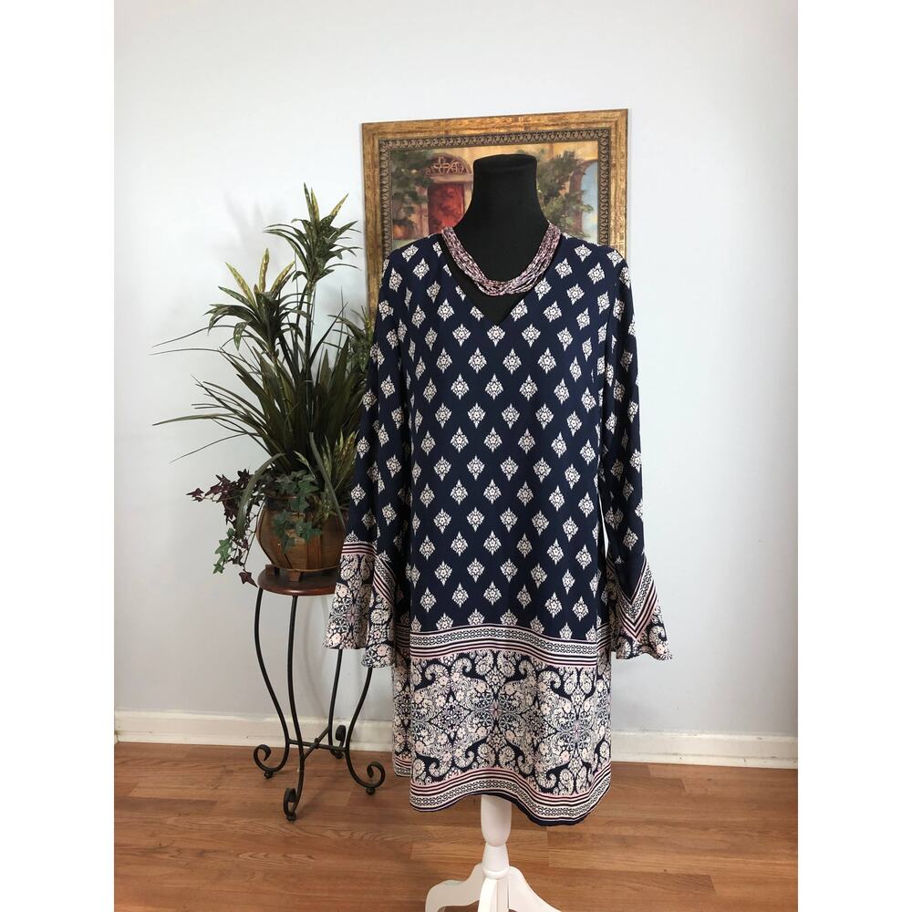 EST 1946 Dress Womens Large Navy Pink Boho Tunic Bell Sleeve Polyester Lined